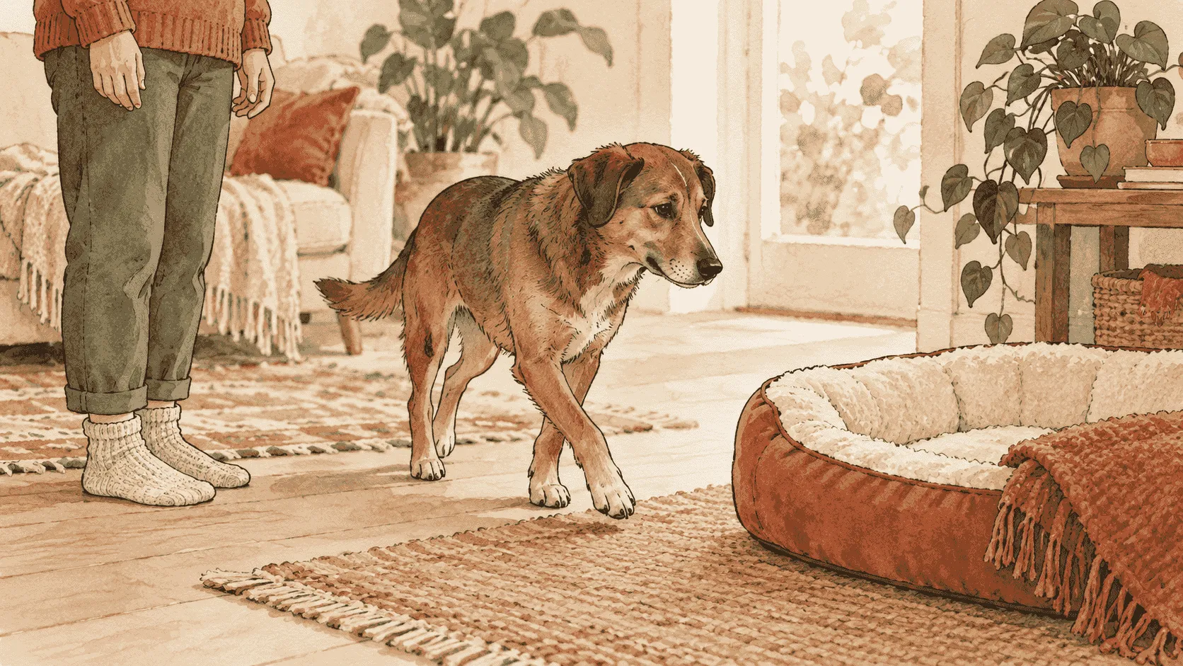 A relaxed brown dog rests near a caregiver's feet on a cream rug while the caregiver leaves an open route to the room.