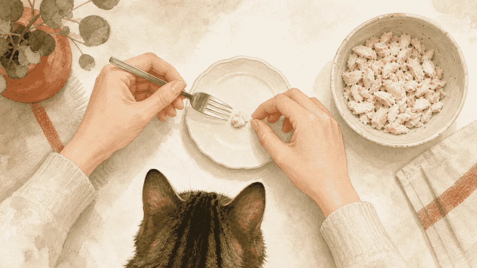 A caregiver separates one small plain cooked morsel from a preparation bowl while a tabby cat waits at the table.