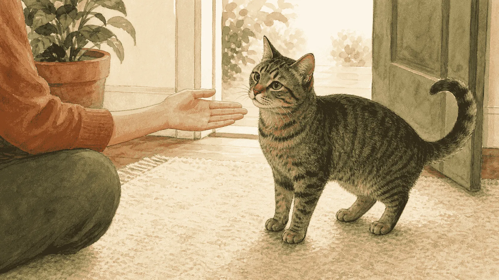 A tabby cat rests near an open doorway while a caregiver offers a still hand at cheek level and waits for the cat to choose the distance.