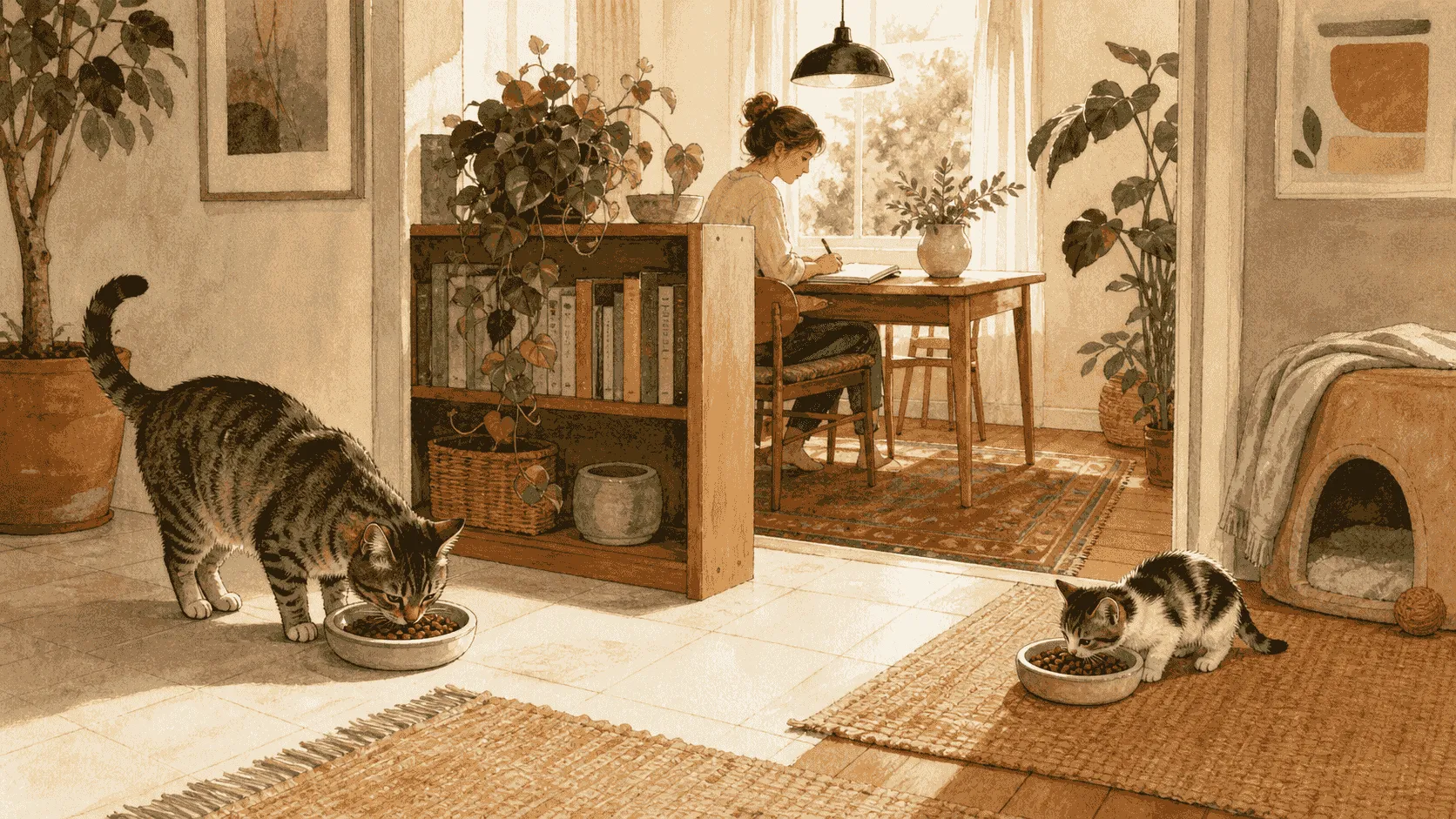 An adult cat and a kitten eat in separate parts of a calm room with a low visual screen between their bowls.