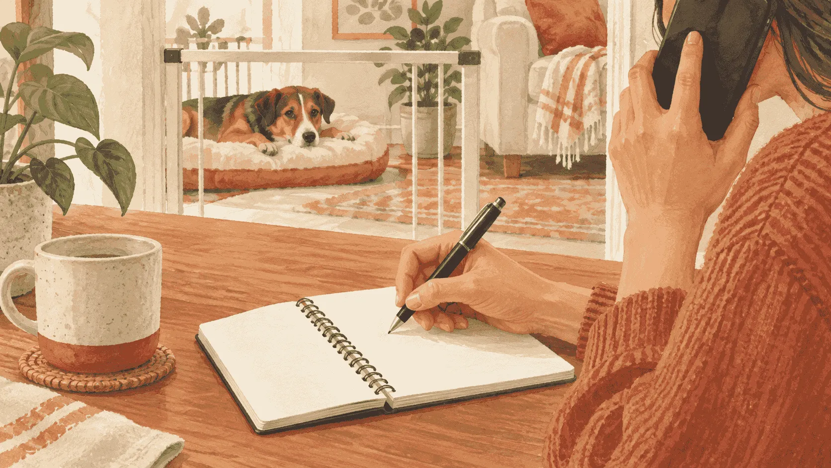 A caregiver checks generic medicine and household product labels while a calm dog waits safely behind a doorway.