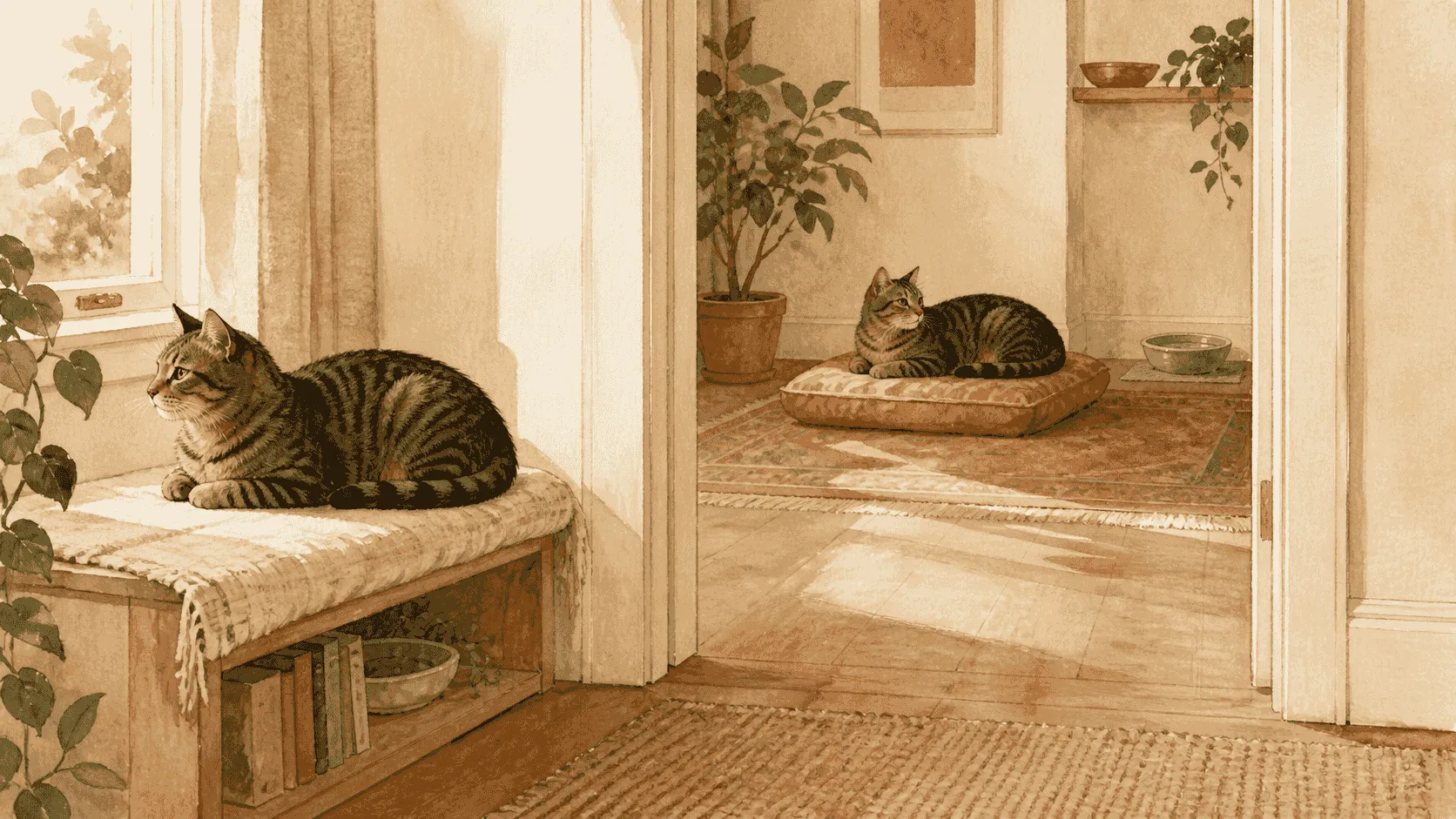 Two tabby cats pause beside a wide open doorway after a brief grooming interaction, with separate resting spots visible on each side of the room.