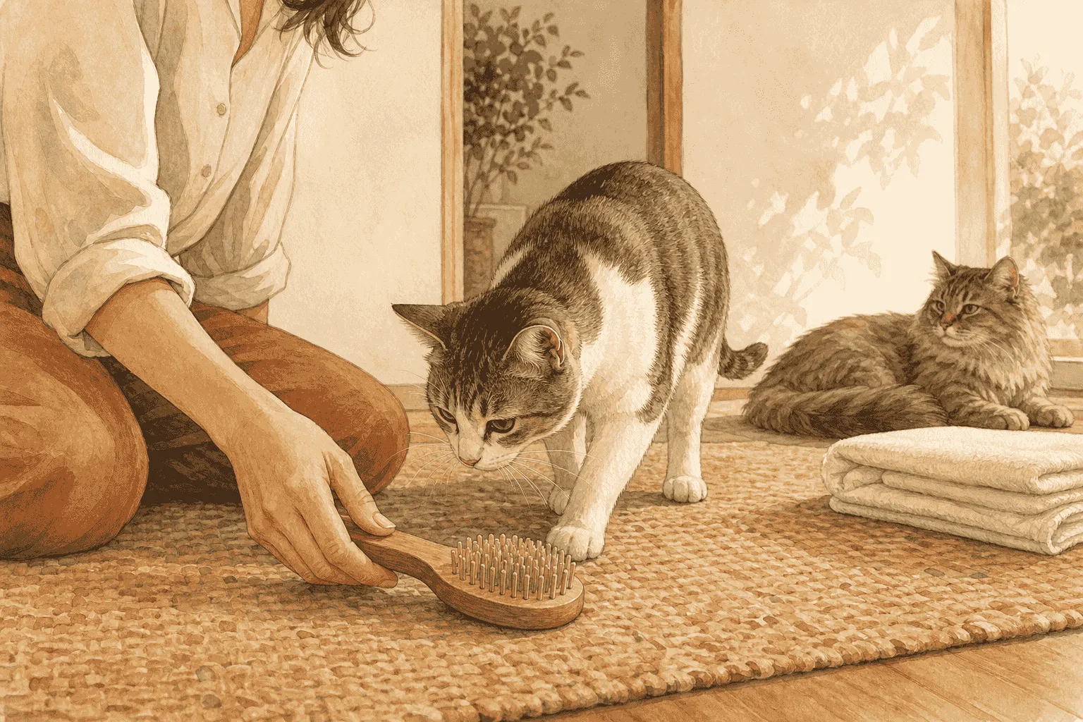 A person offers a grooming brush for a cat to investigate while another cat rests nearby beside a folded towel.