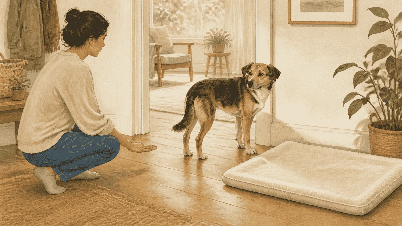 A caregiver pauses beside a dog in a warm home entryway, leaving the dog a clear path and watching the whole body from a respectful distance.