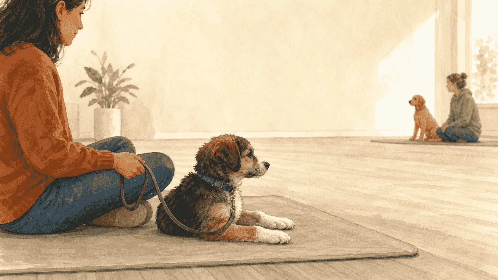 Young puppy relaxing on a mat beside a seated caregiver while another dog works at a comfortable distance in class.