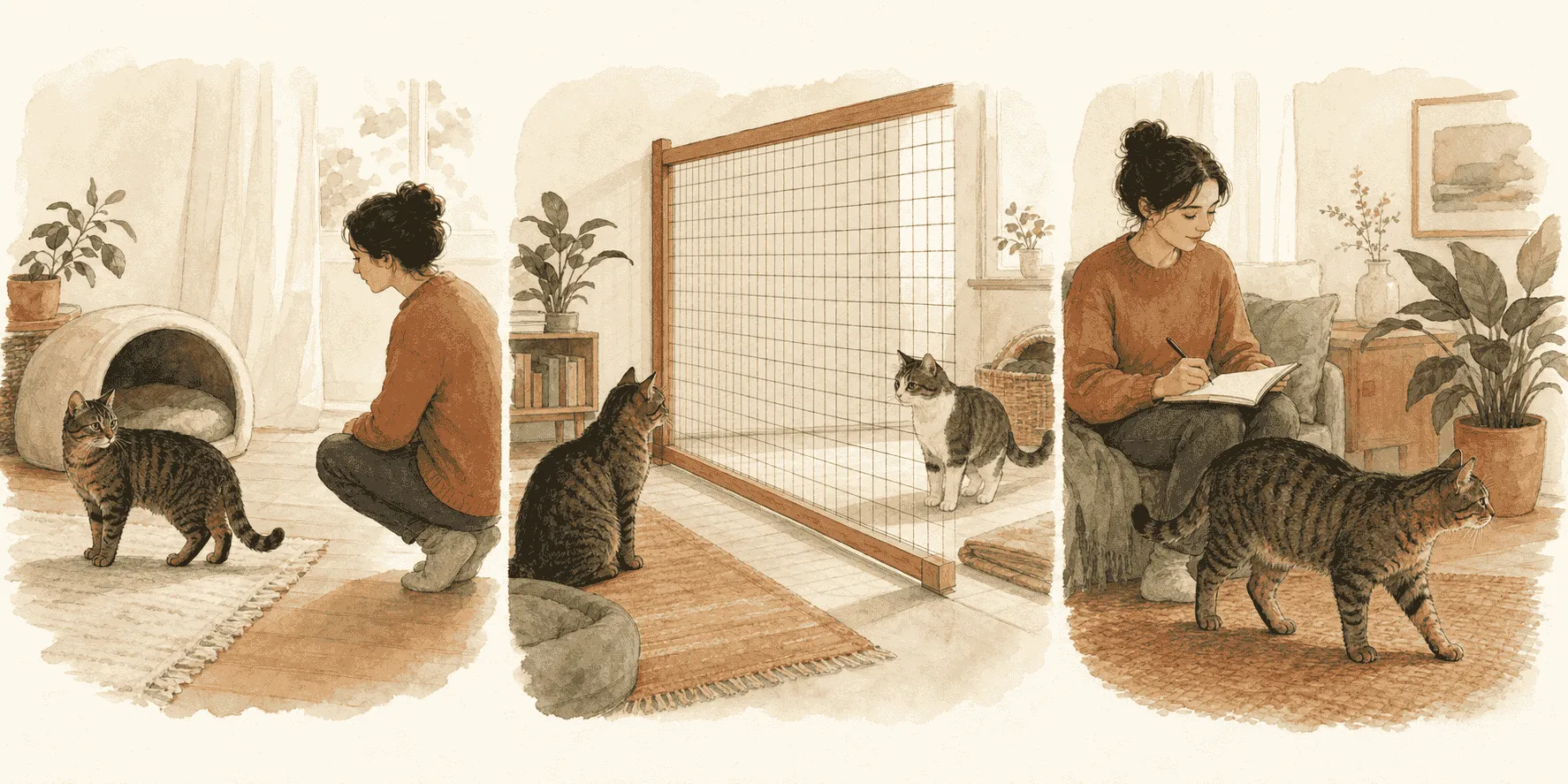 Three response scenes show a caregiver giving a tabby space, two cats separated by a secure barrier, and the caregiver recording an observation.