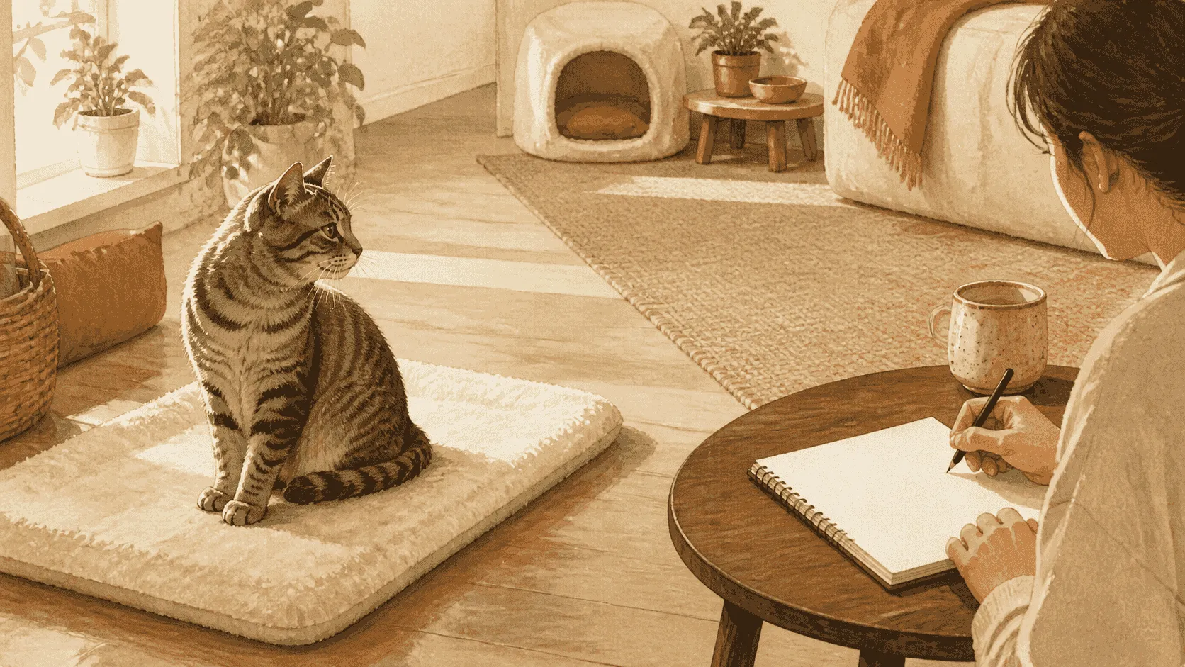A gray tabby cat pauses after grooming on a cream blanket while a caregiver writes the time and body area in a small notebook.