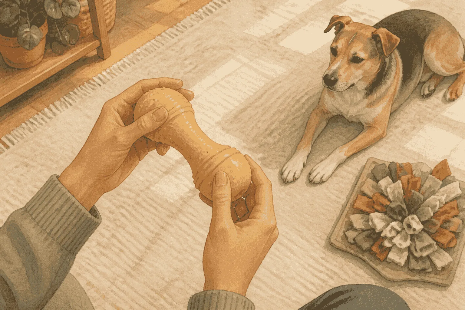A caregiver inspects the seams of a yellow rubber dog toy while a mixed-breed dog waits beside a small cloth search game on a rug.