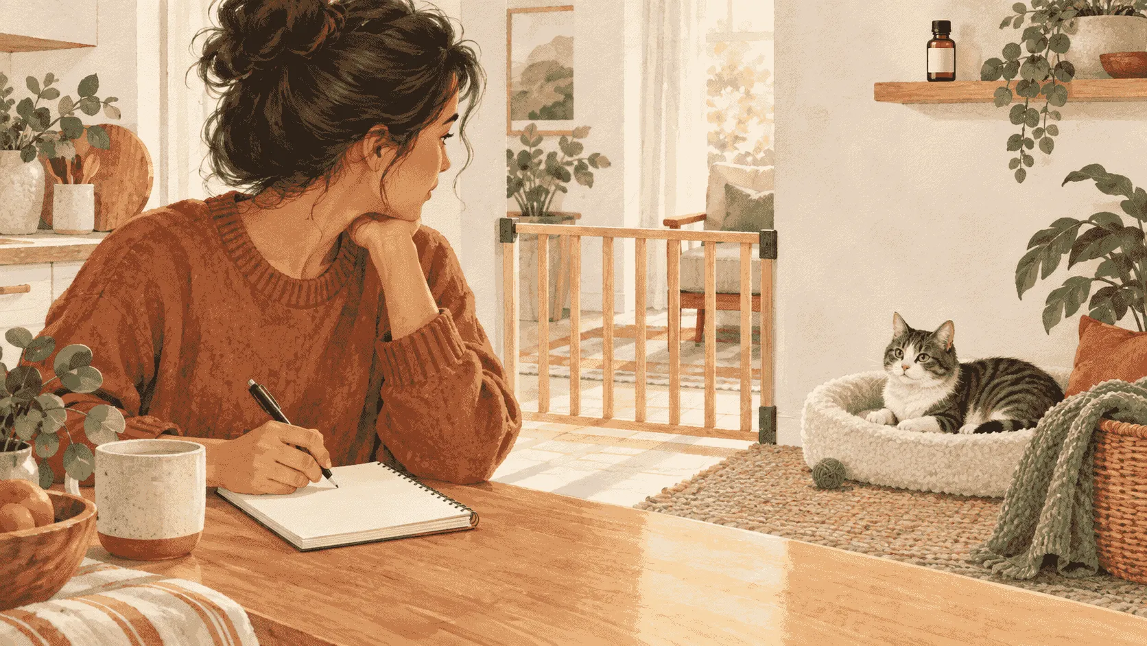 A caregiver records a cat's possible plant exposure while a closed eucalyptus-oil bottle remains out of reach.