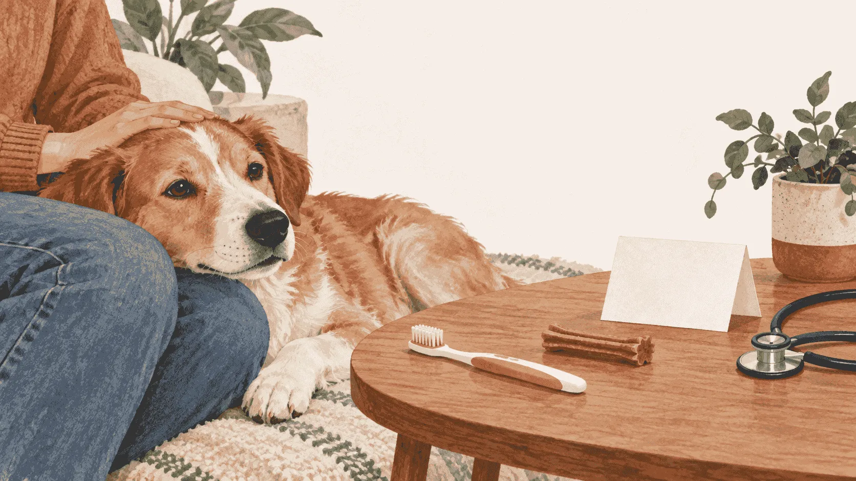 A relaxed dog rests beside a plain dental chew while a caregiver keeps a veterinary appointment card visible on the table.
