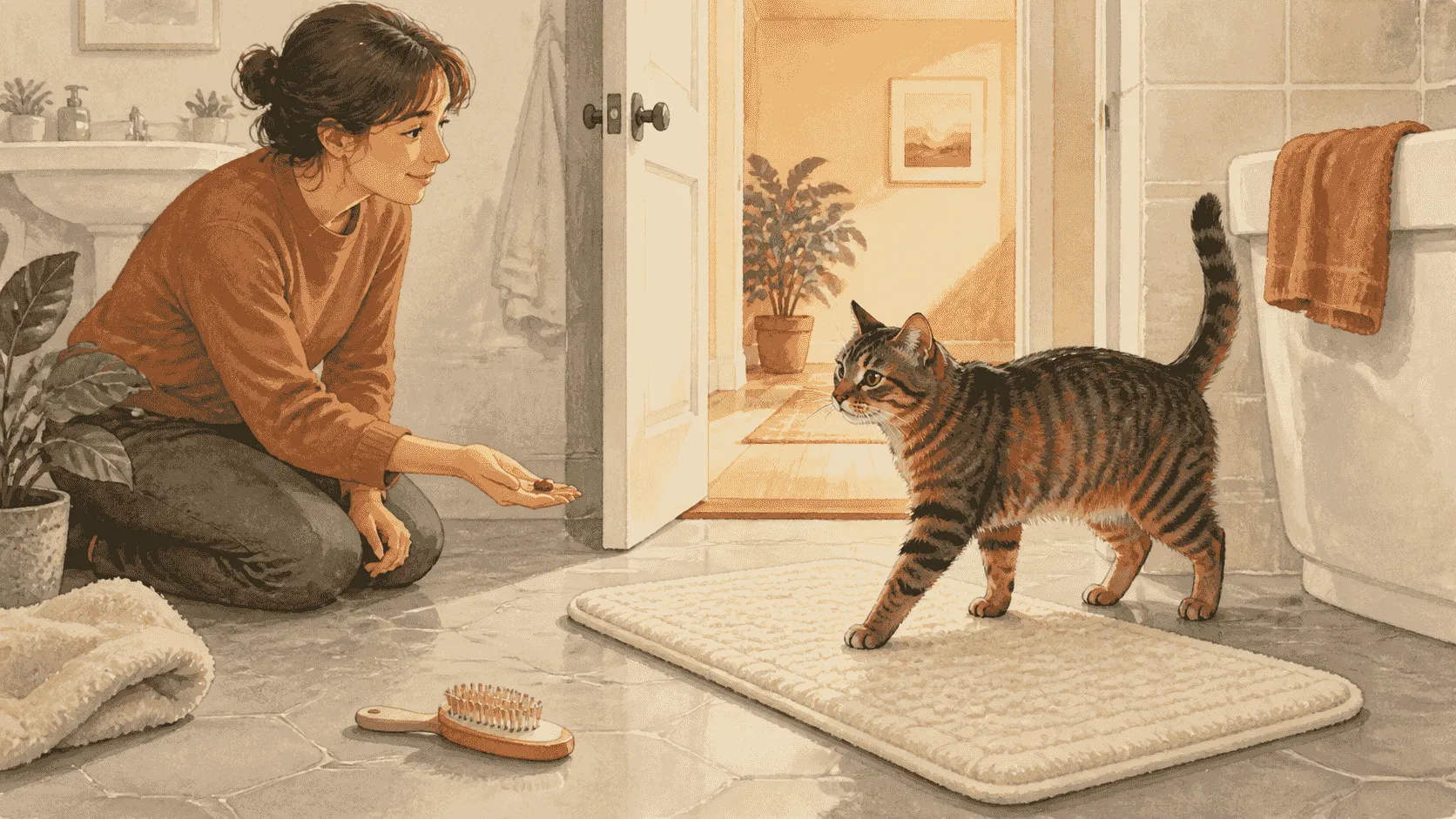 A tabby cat investigates a dry cream grooming mat beside a running tap while a caregiver keeps the doorway and exit clear.