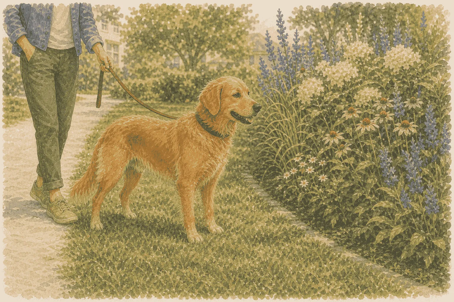 Golden-brown dog pauses beside ordinary lawn while an owner guides the loose leash away from an unknown flower bed.
