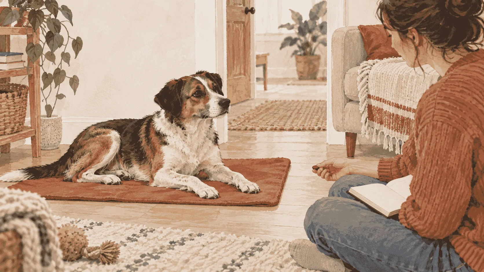 A mixed-breed dog pauses near a quiet doorway while a caregiver sits back and observes with an open route to a resting nook.