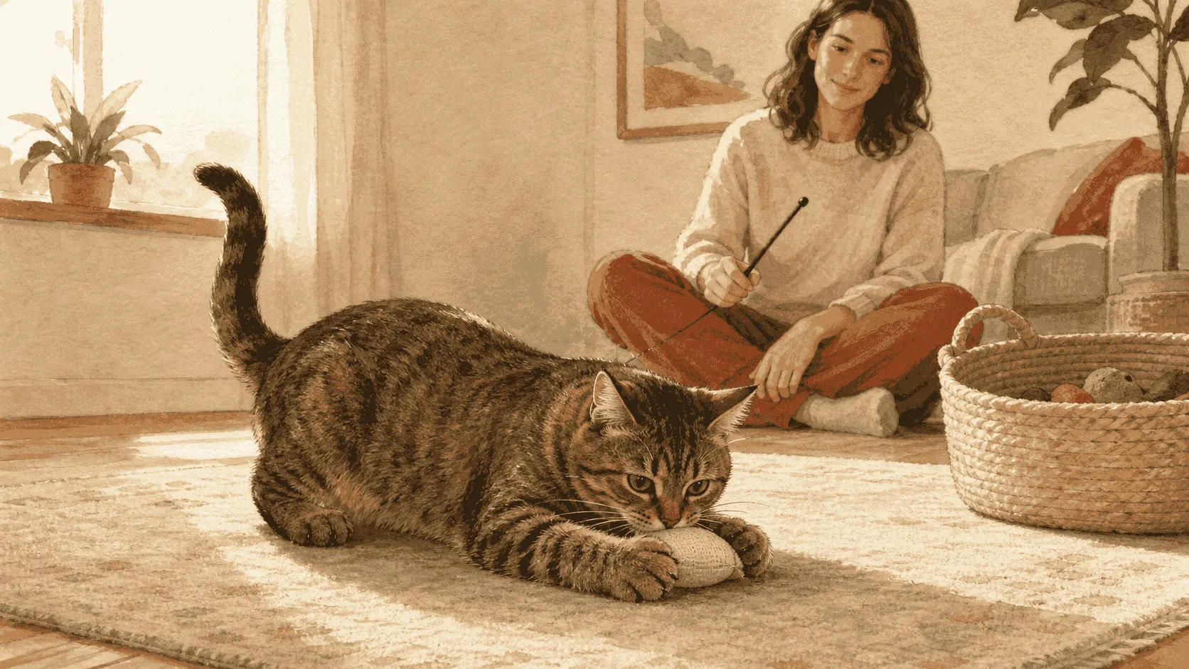 A tabby cat watches a caregiver store hair ties and a wand toy in a closed drawer beside a clear table.