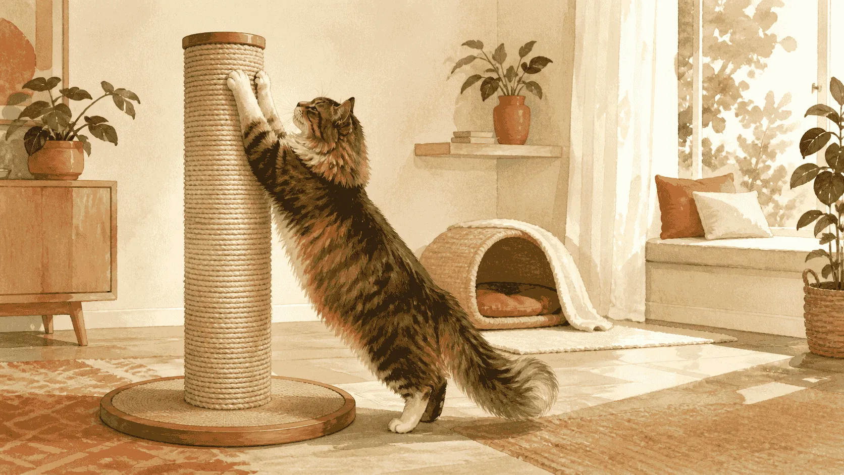A long-haired cat stretches against a stable tall scratching post beside a broad window perch in a calm living room.
