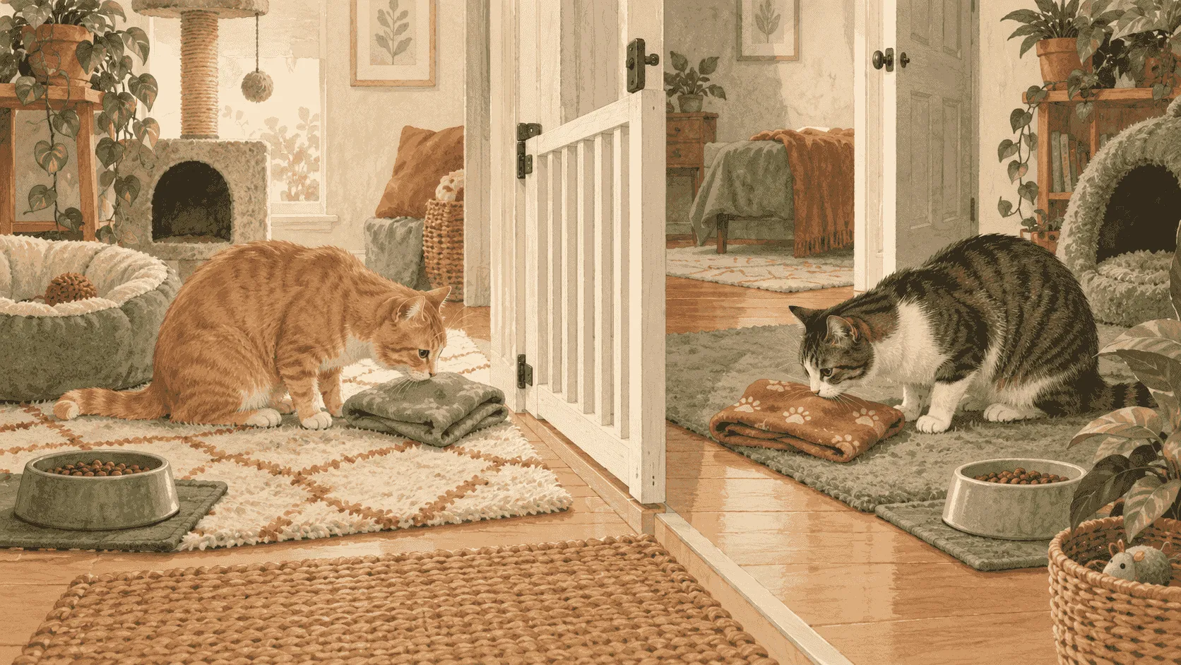 Two cats pause on opposite sides of an open room while one investigates a scent and the other keeps a relaxed route toward a doorway.