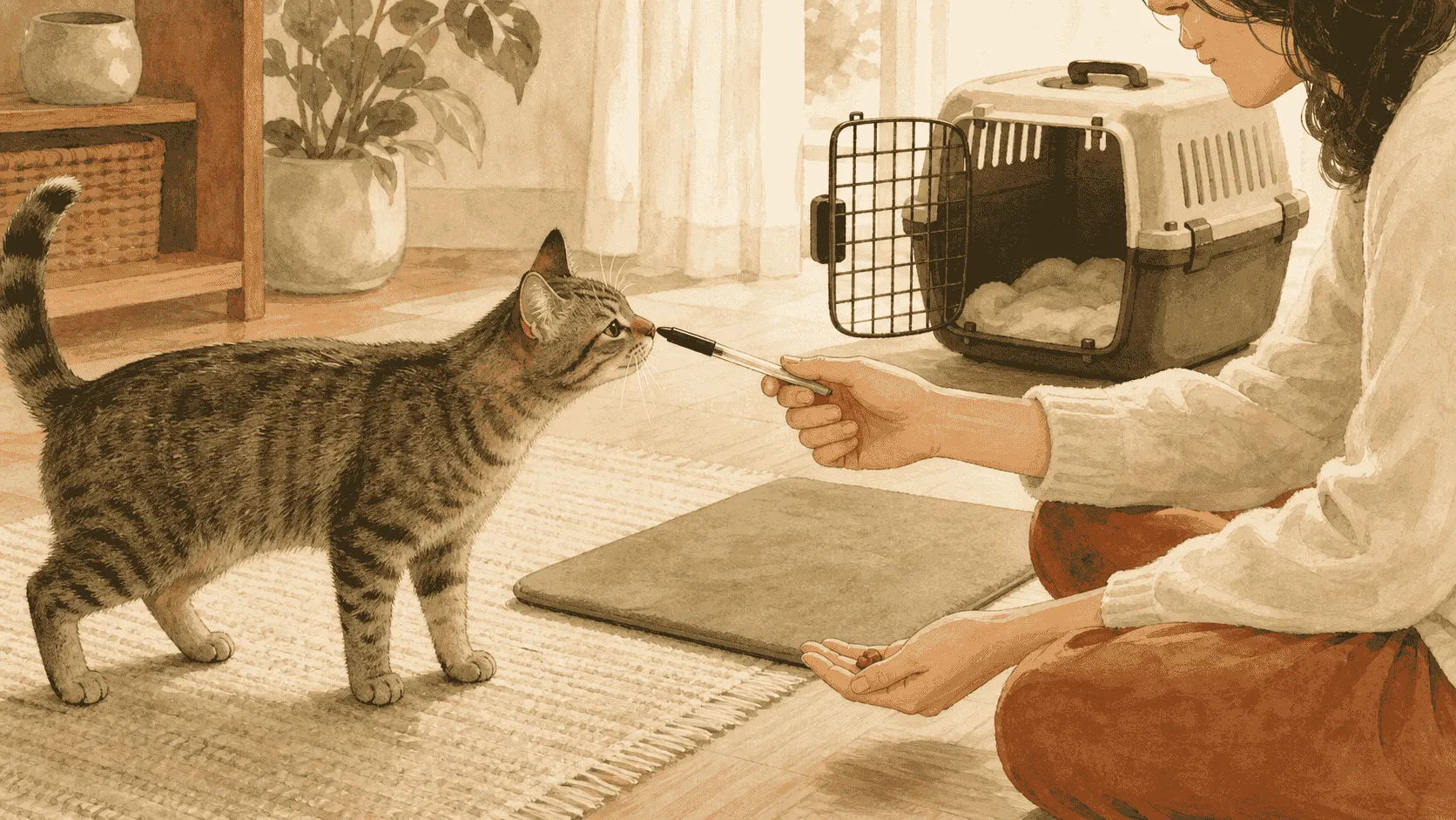 A young tabby voluntarily touches a capped pen held by a seated caregiver, with a mat and open carrier a short distance away.