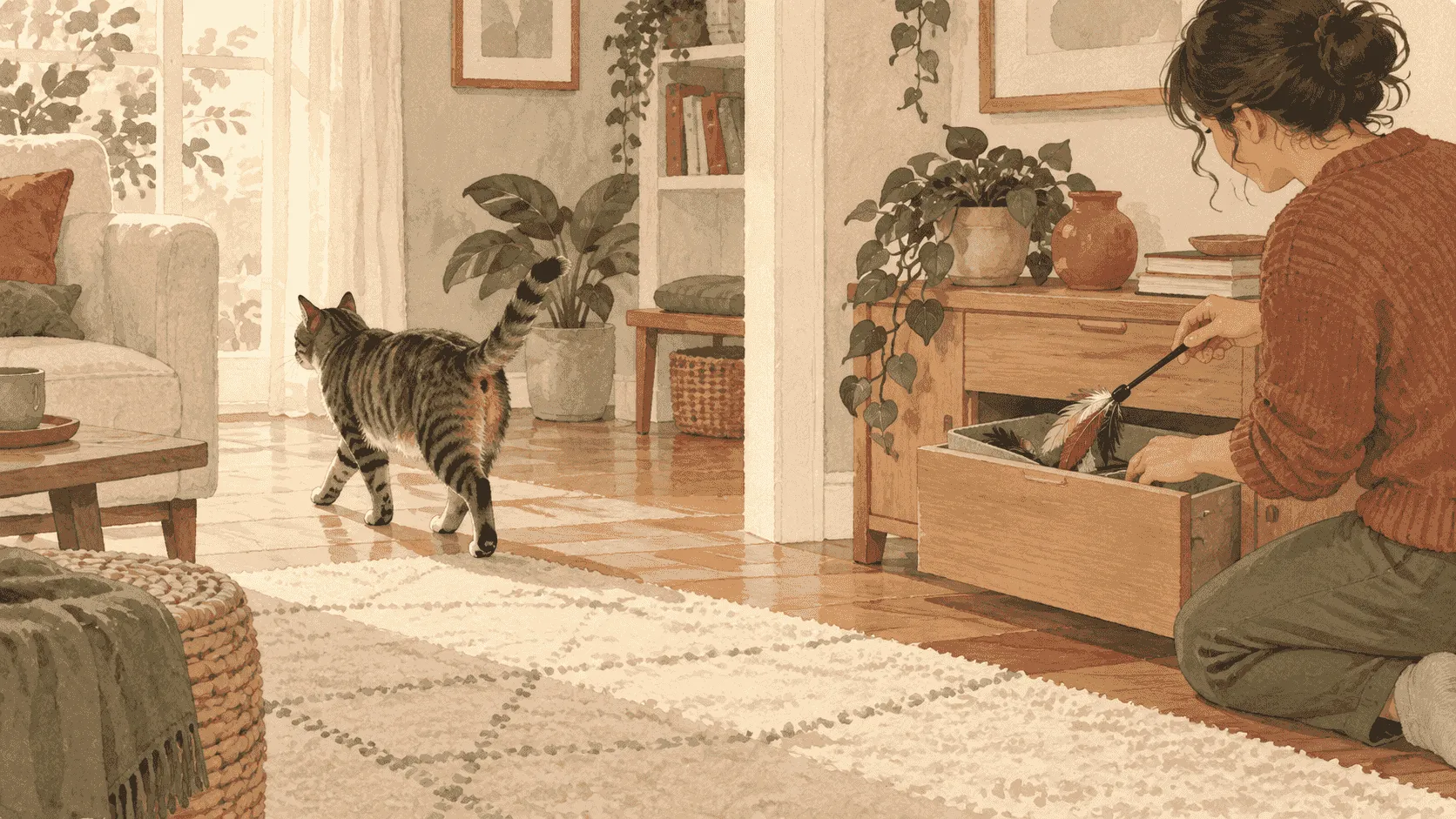 A tabby cat walks away across a cream rug while a caregiver lowers a feather wand into an open storage drawer.