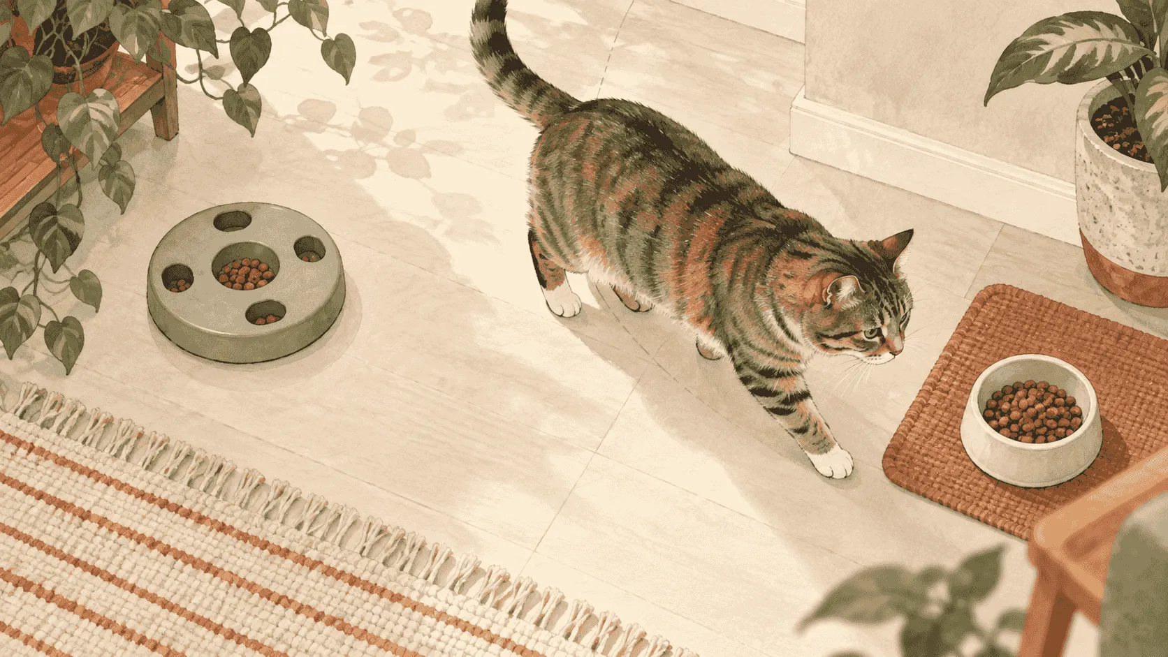 A tabby cat reaches through a wide opening in a simple food puzzle while its familiar bowl remains nearby on a separate mat.